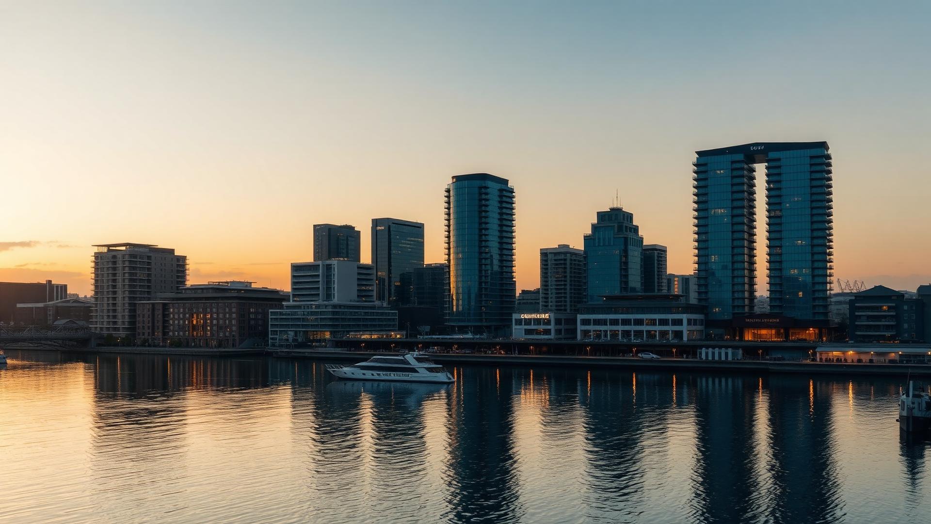 UK waterfront skyline at dusk